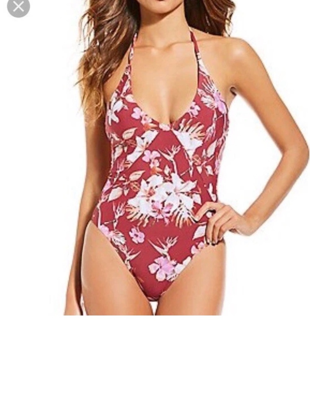 Gianni Bini GB  Floral One-Piece Swimsuit halter Burgundy - Picture 2 of 9
